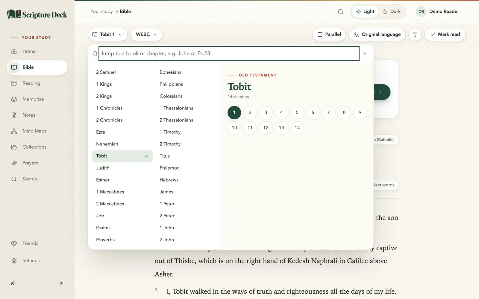 The reader on Tobit 1 in the World English Bible (Catholic), with the book list open at Nehemiah, Tobit, Judith, Esther and 1 and 2 Maccabees, and Tobit’s 14 chapters beside it.