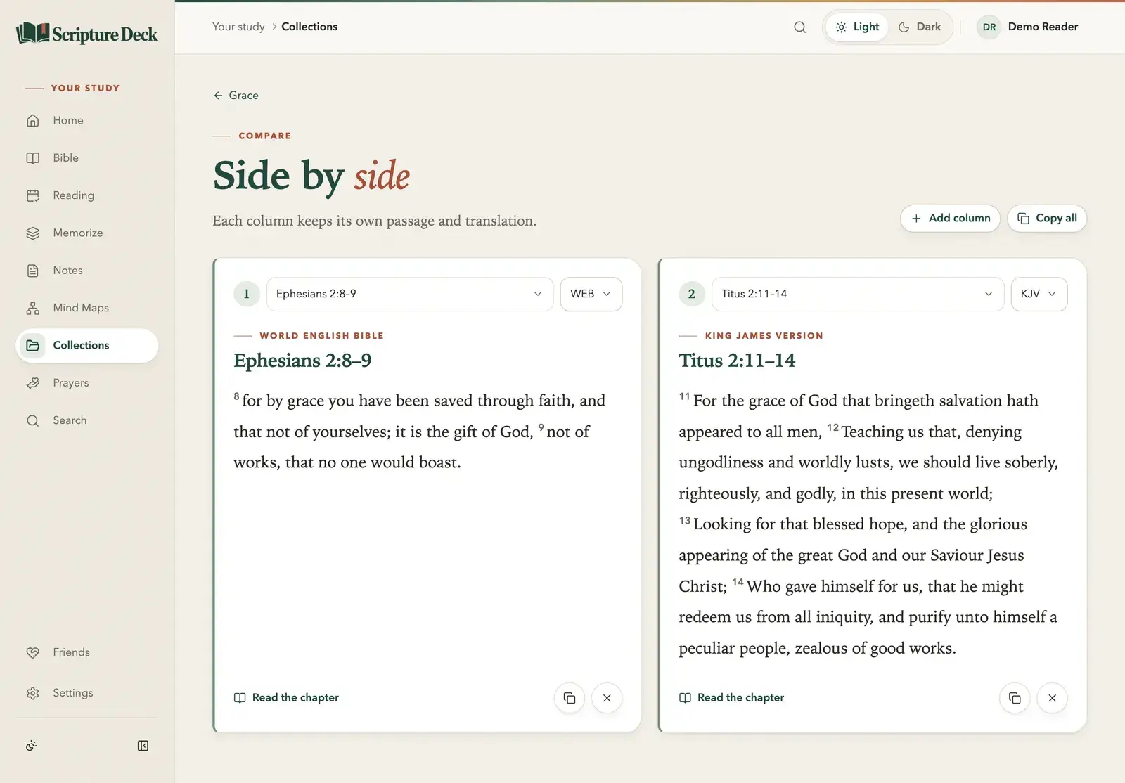 Two passages from the Grace collection side by side: Ephesians 2:8–9 in the World English Bible next to Titus 2:11–14 in the King James Version.