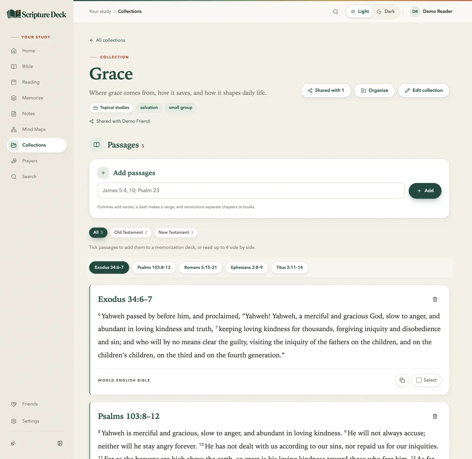 The Grace collection: its description, group and tags, the Shared with 1, Organize and Edit collection buttons, a testament filter, and Exodus 34:6–7.
