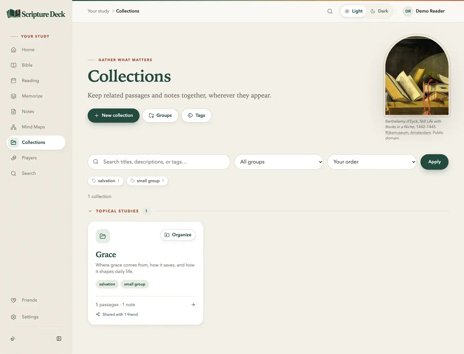 The collections page: a Grace card in the Topical studies group, tagged salvation and small group, with 5 passages, 1 note, and shared with 1 friend.
