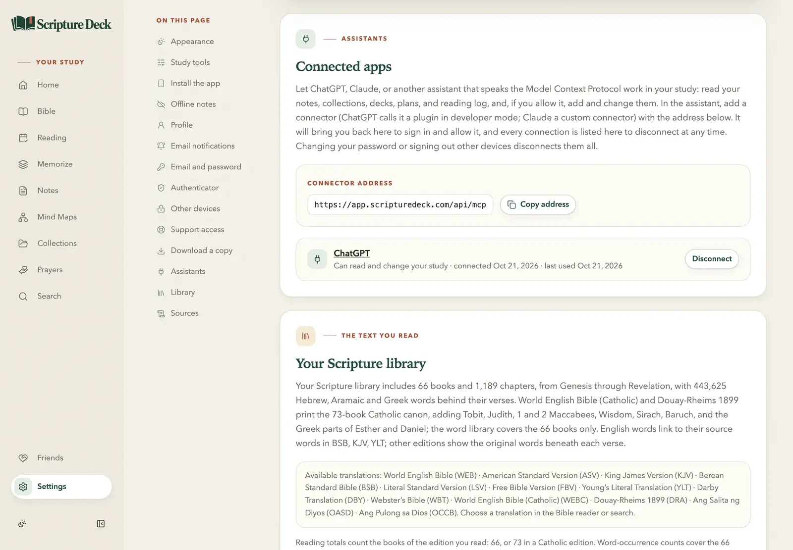 Settings → Connected apps: the connector address https://app.scripturedeck.com/api/mcp with a Copy address button, and ChatGPT listed as able to read and change the study, with its connected and last used dates and a Disconnect button.