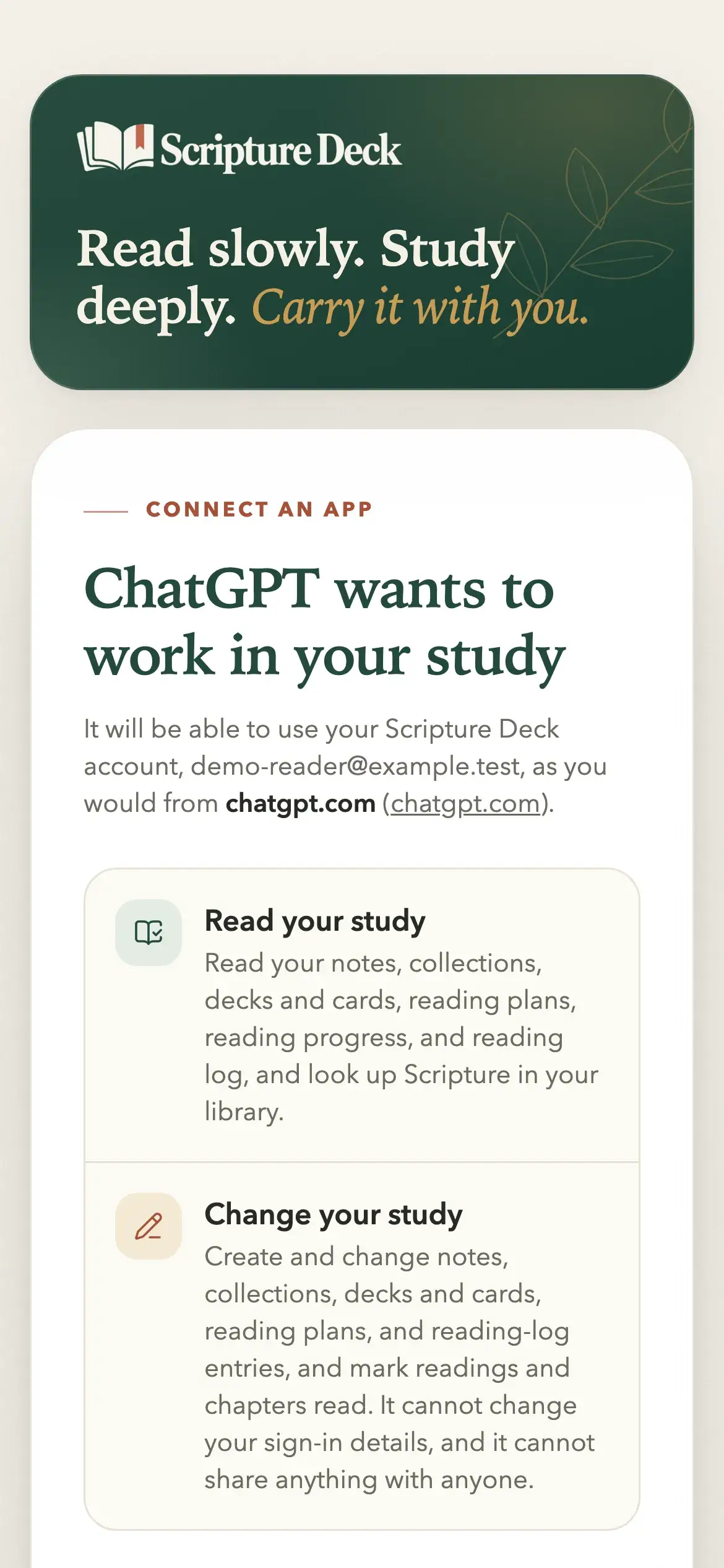 The sign-in page on a phone: “ChatGPT wants to work in your study”, with the permissions Read your study and Change your study.