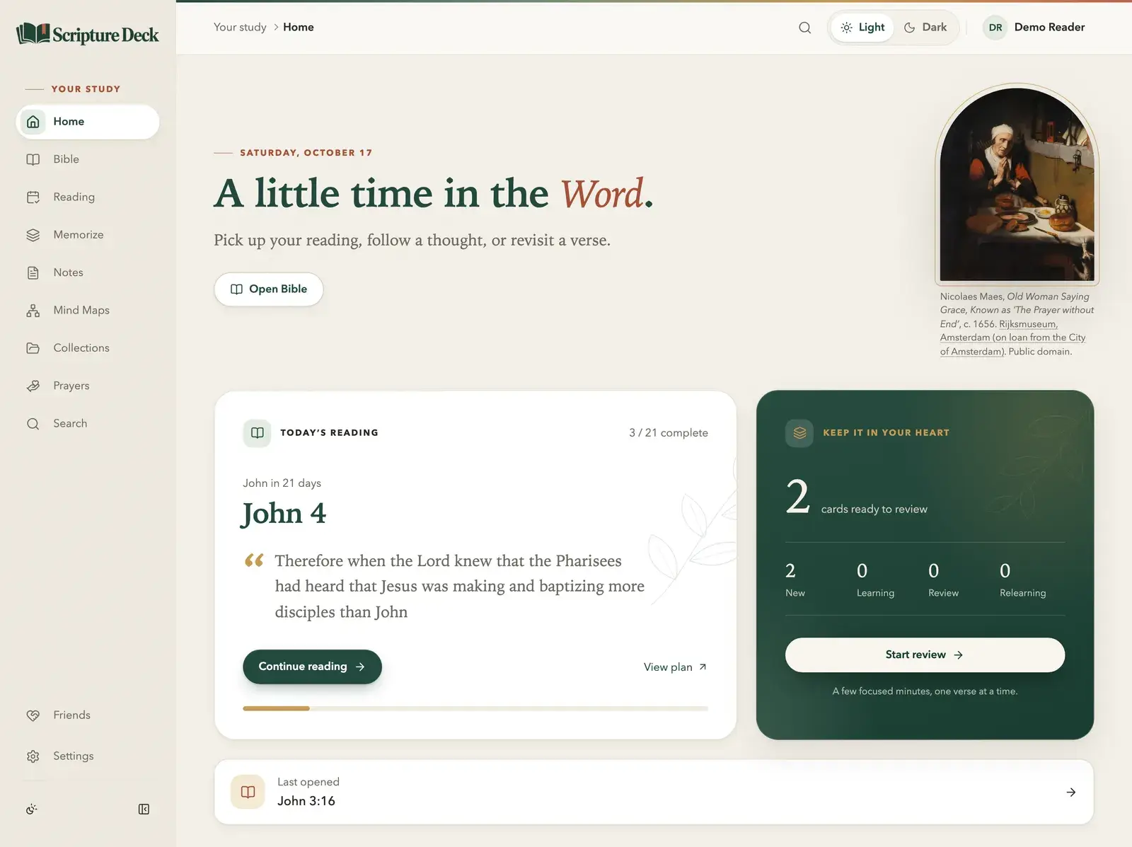 Home on a Saturday: Today’s reading is John 4 from the plan “John in 21 days”, with its opening words, 2 memory cards are ready to review, and Last opened links to John 3:16.