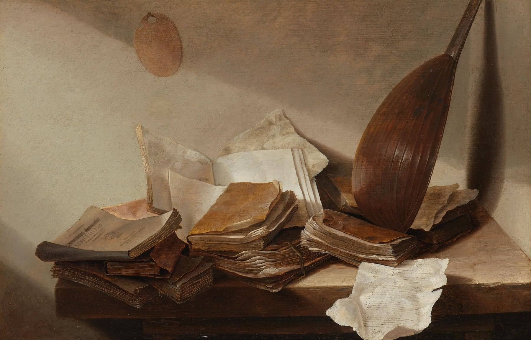 Jan Davidsz. de Heem’s still life of worn, dog-eared books, some lying open, piled on a wooden table beside a lute leaning against the wall, with a crumpled sheet of paper hanging over the table edge.