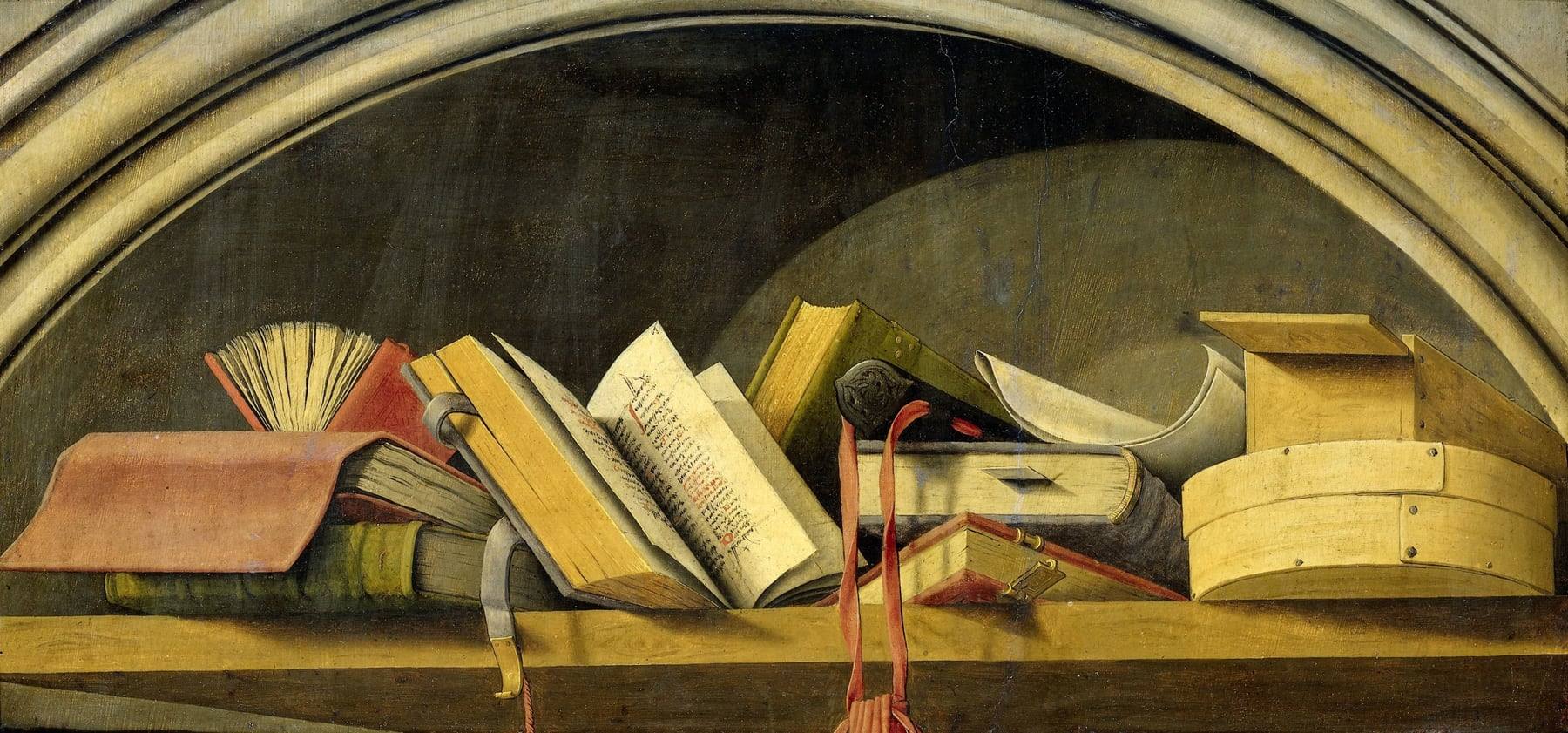 Barthélemy d’Eyck’s still life of books, some open to handwritten pages with red initials, lying on a wooden shelf inside an arched stone niche beside a curled sheet, a red book strap and stacked wooden boxes.