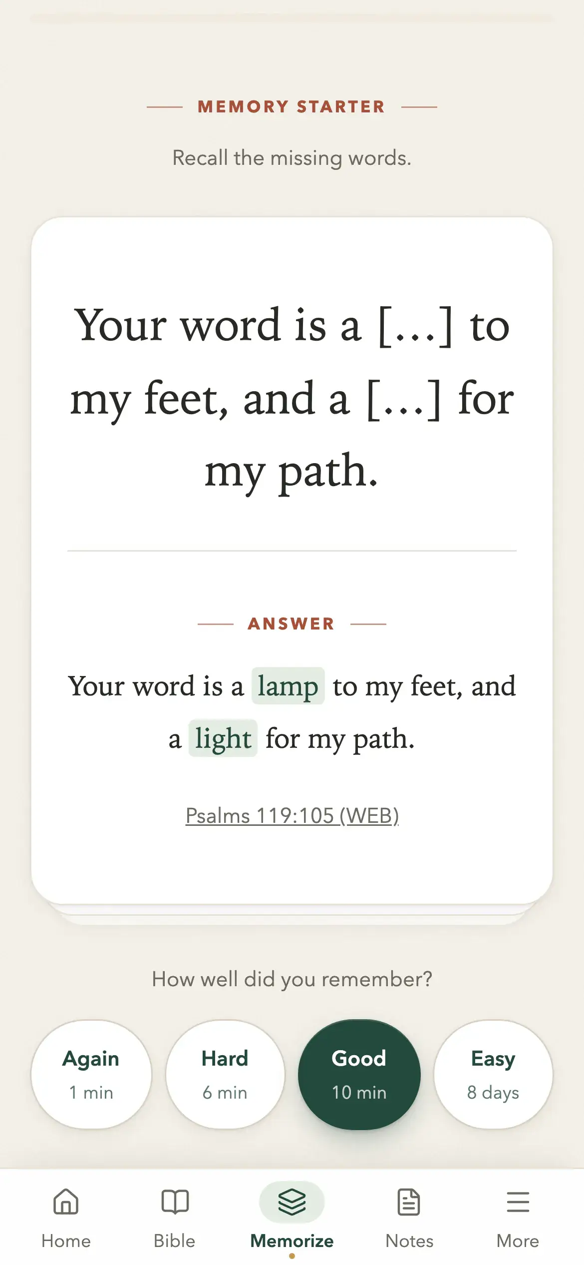The Psalm 119:105 review card on a phone, with the rating buttons below the answer.