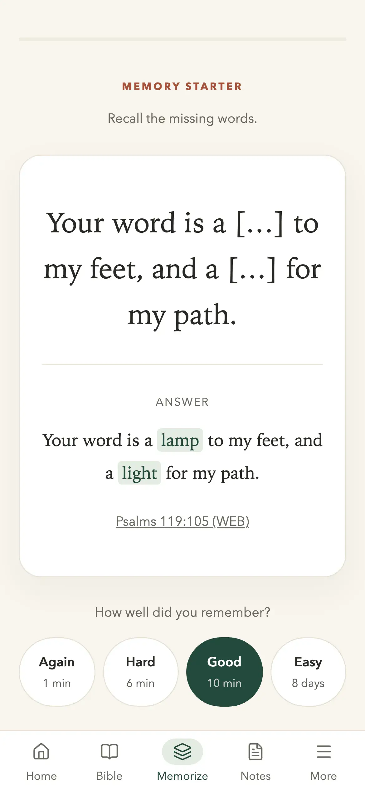 The Psalm 119:105 review card on a phone, with the rating buttons below the answer.