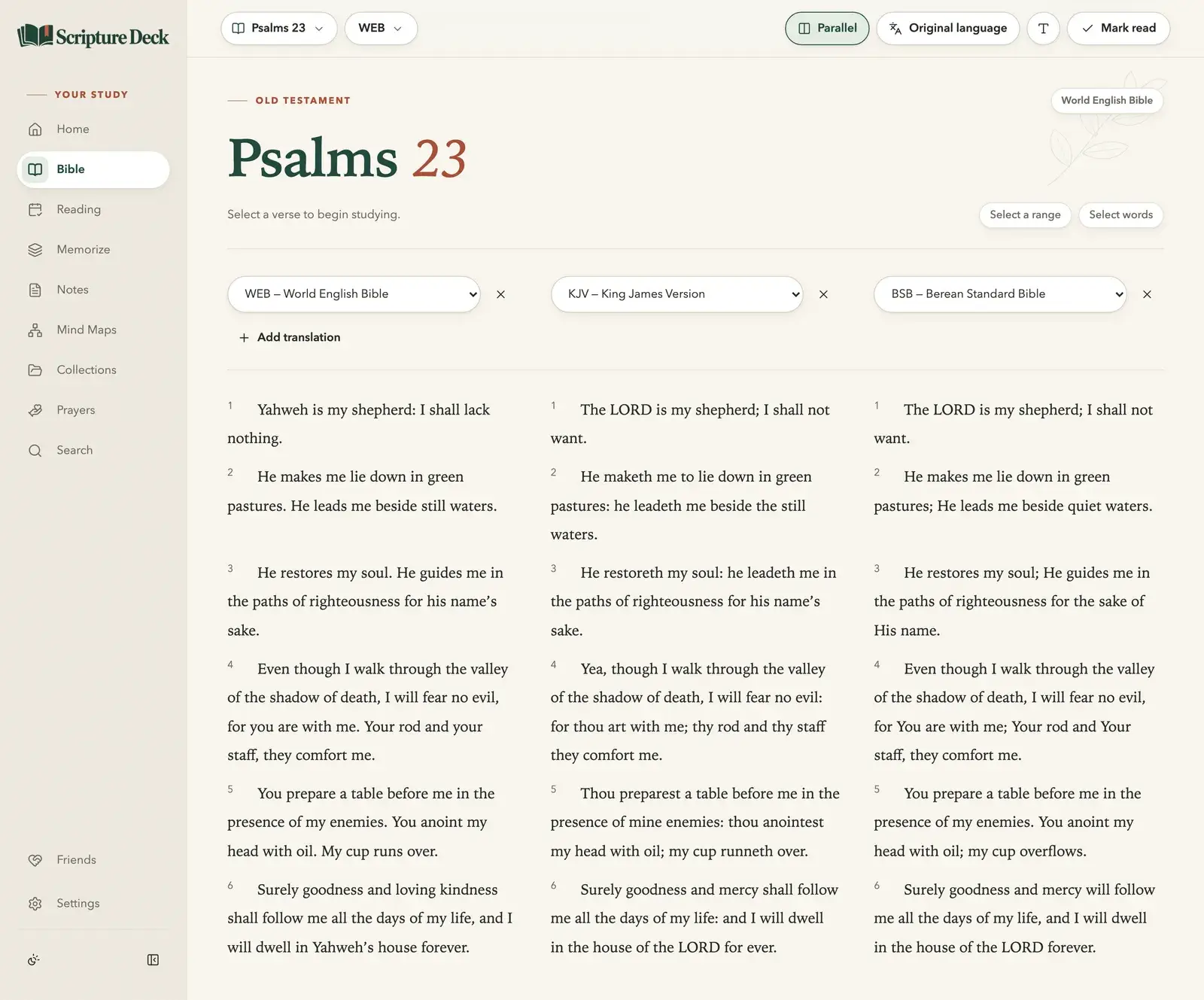 Psalm 23 in three parallel columns, the World English Bible, the King James Version and the Berean Standard Bible, lined up verse by verse.