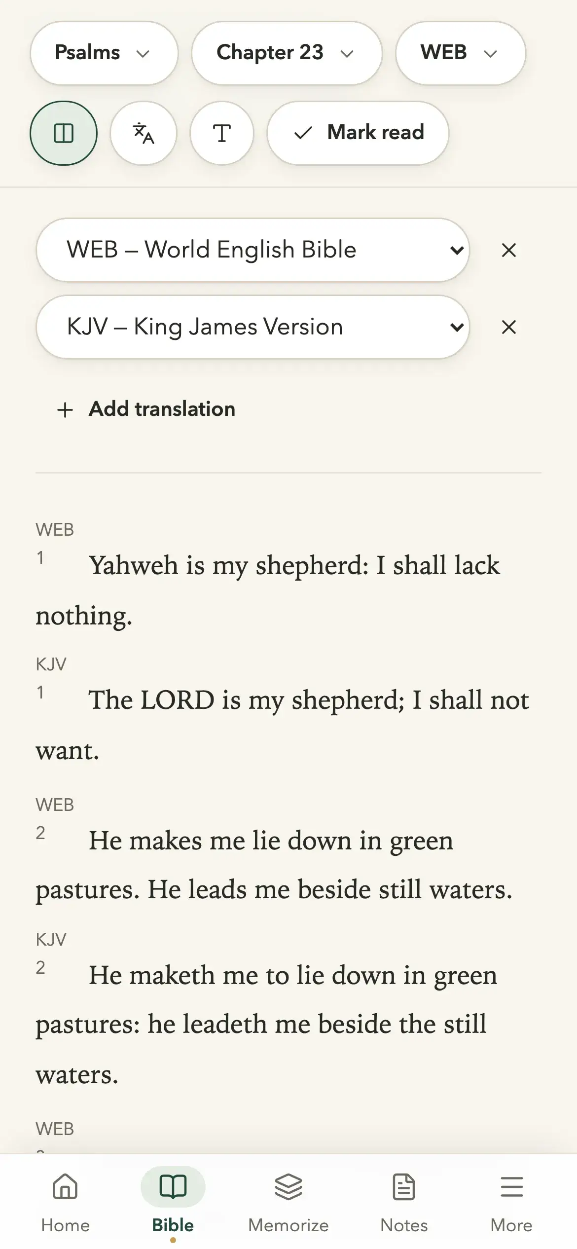 Psalm 23 on a phone with the WEB and the KJV in parallel: each verse shows the WEB text, then the KJV text below it.