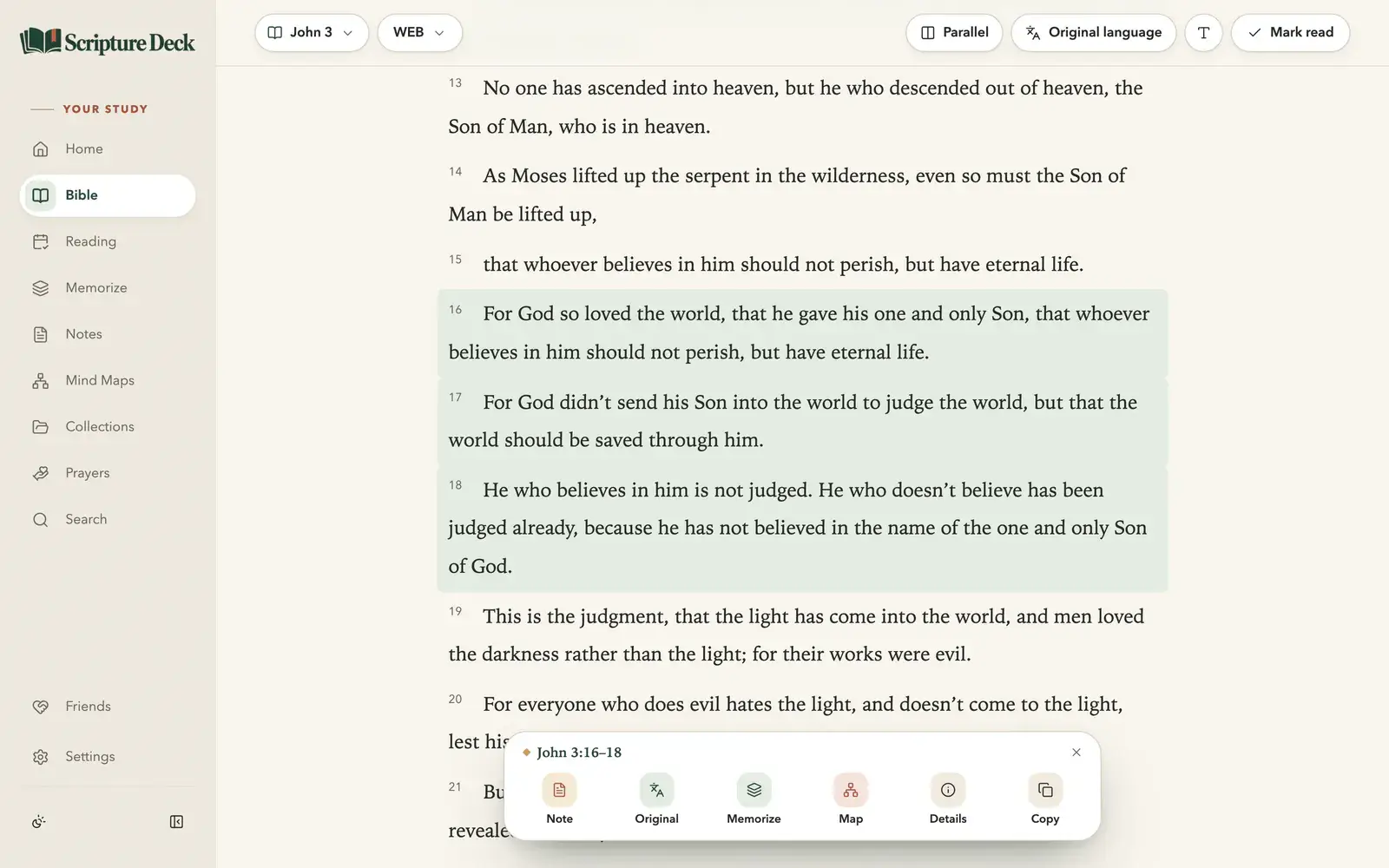 The Bible reader on John 3 in the World English Bible, with verses 16–18 selected and the study actions Note, Original, Memorize, Map, Details and Copy open below them.