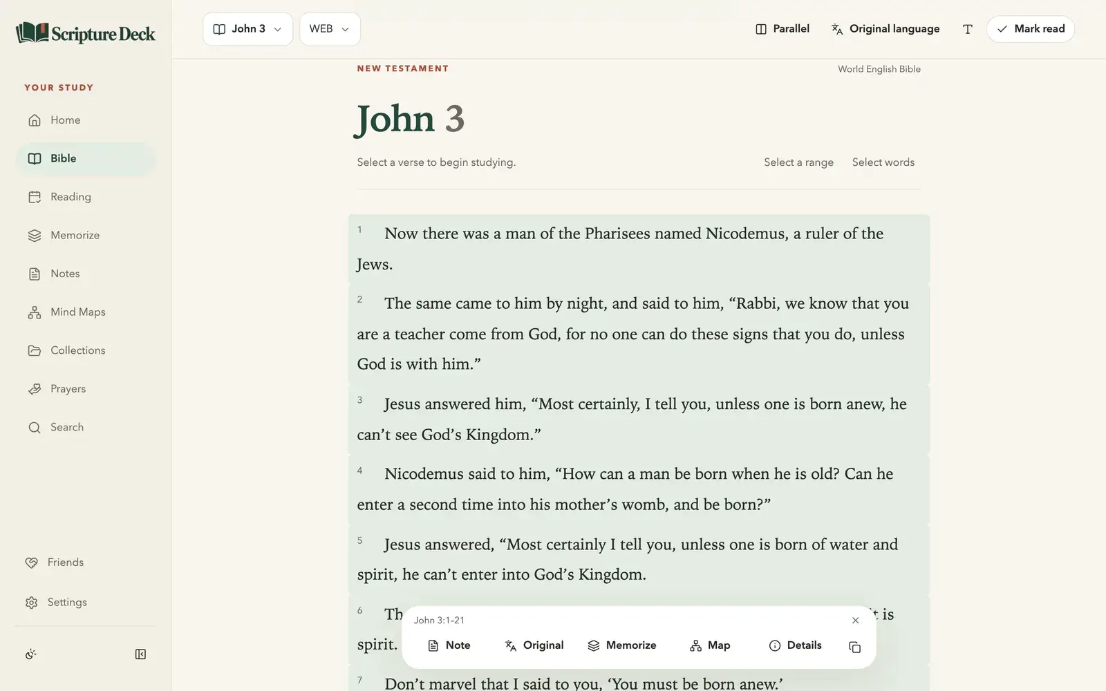 The Bible reader on John 3 in the World English Bible, with verses 1–21 selected and the study actions Note, Original, Memorize, Map and Details open below them.