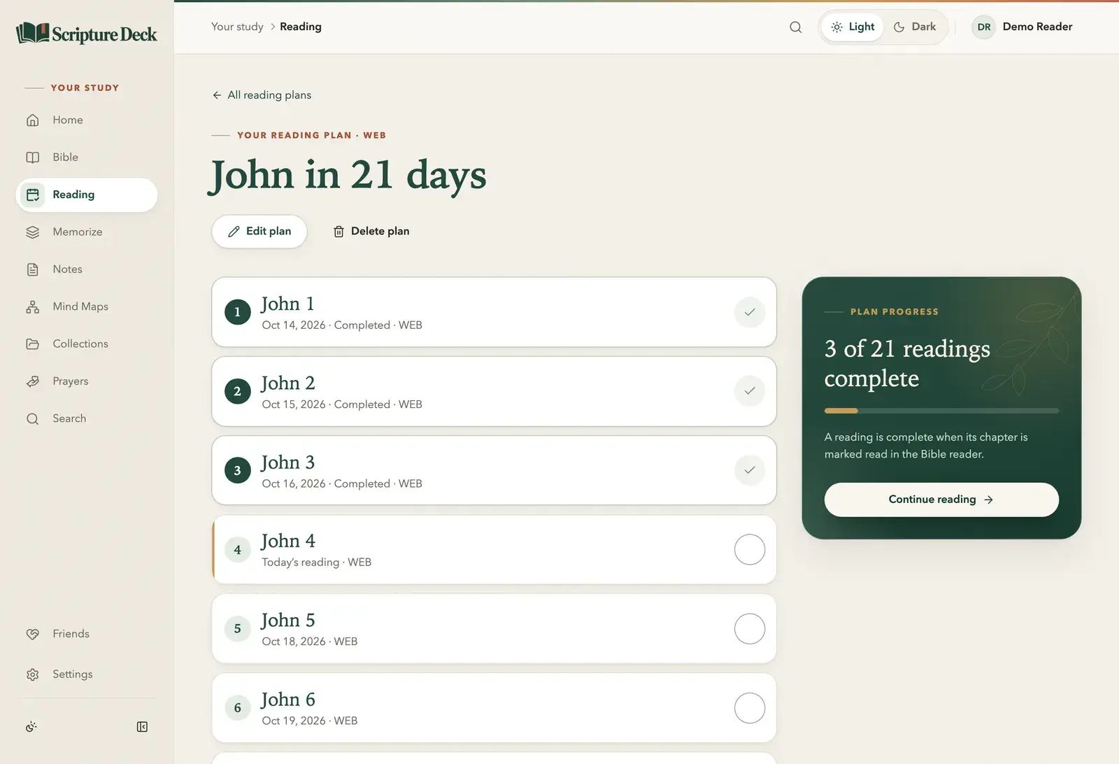 The reading plan “John in 21 days” in the World English Bible, with John 1–3 completed, John 4 marked Today’s reading, and 3 of 21 readings complete.